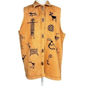 Y2K BFOFO Tribal Art Aztec Petroglyphs Vest Large Boho Unique Art To Wear
